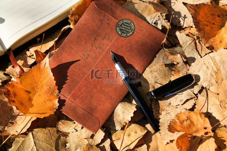 秋天落叶上的信封和钢笔摄影图