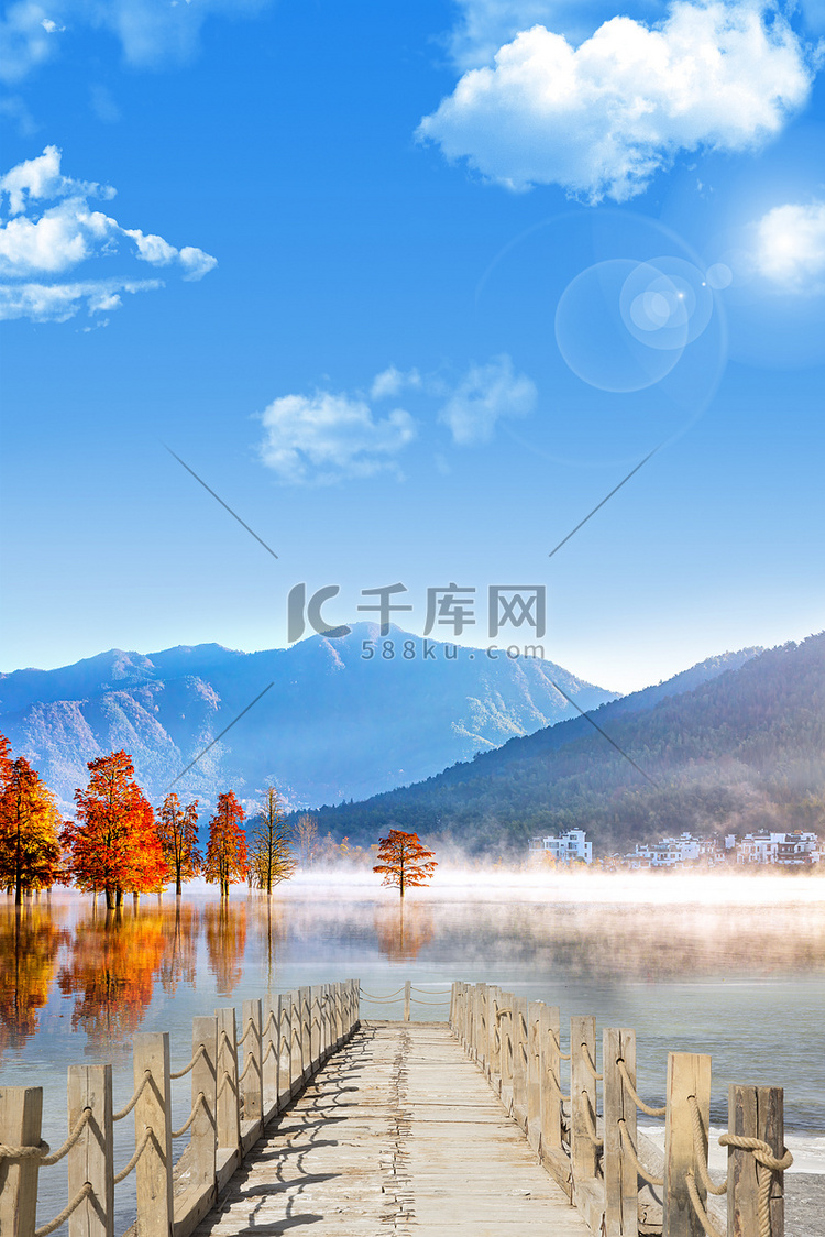 湖泊山脉红枫树摄影图山川河流