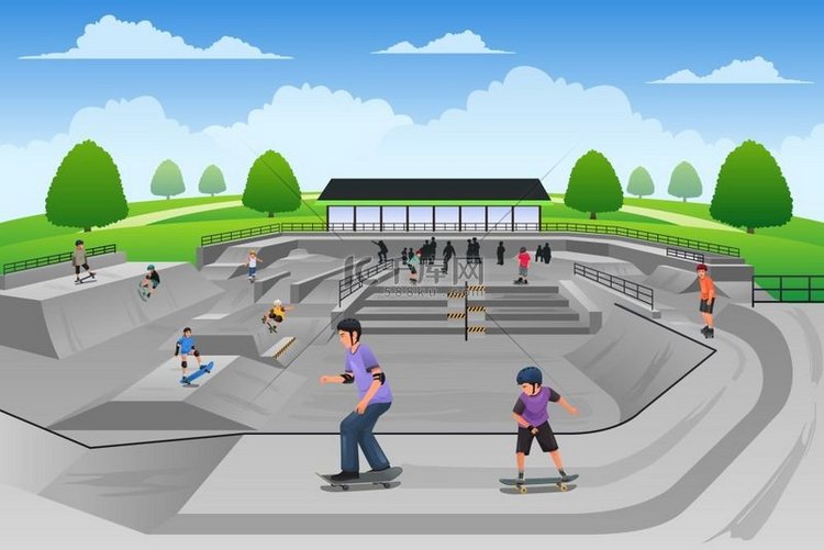 人们在滑板公园玩滑板的矢量插图