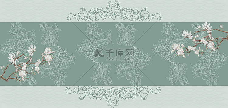 中国风玉兰复古纹理绿色古风海报