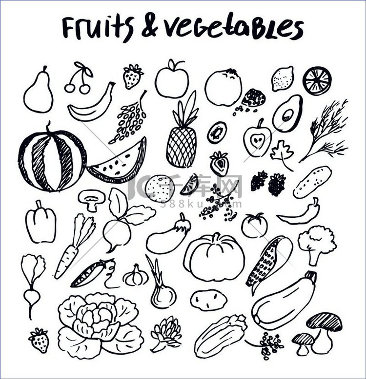 水果和蔬菜的手绘元素集合，用墨