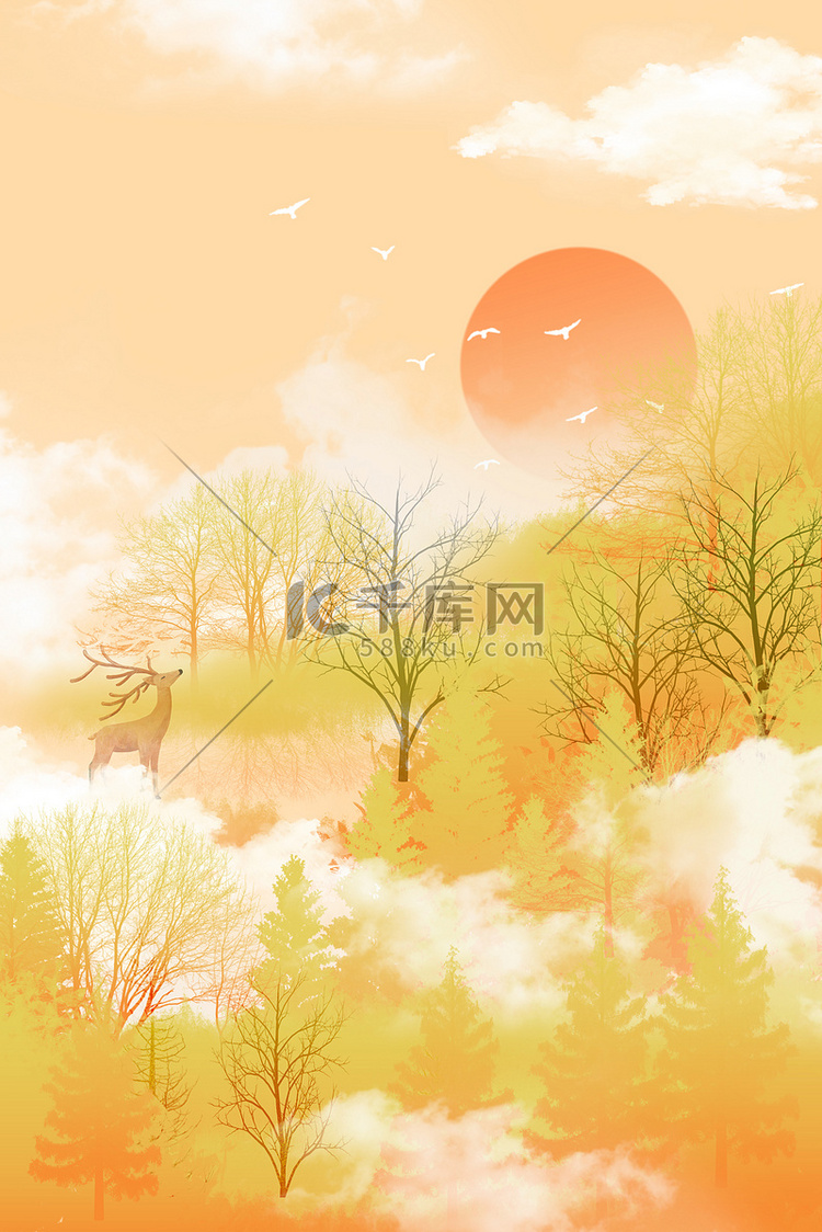 秋分风景橙色手绘清新海报背景