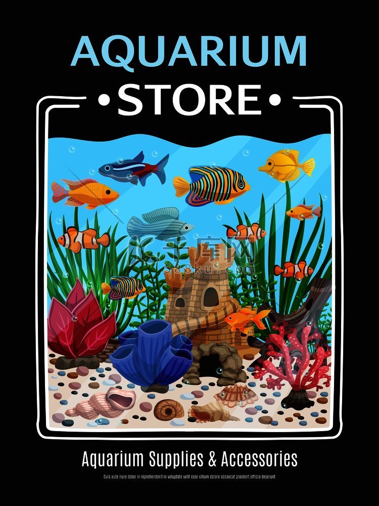 水族馆用品和配件卡通海报与水下