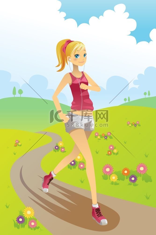 一个女孩在公园里跑步的矢量图