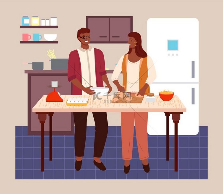年轻的黑人已婚夫妇一起做饭。
