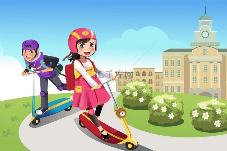 公园里快乐的男孩和女孩骑滑板车