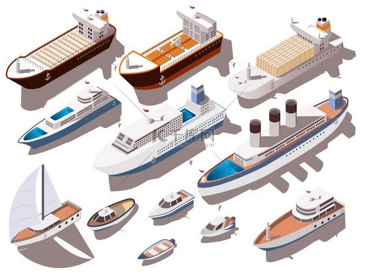船舶等轴测集不同尺寸的船舶和船