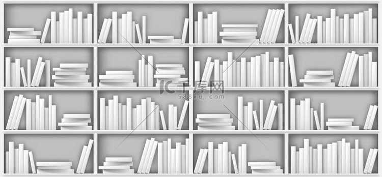 白色书架模型，图书馆、家庭、学