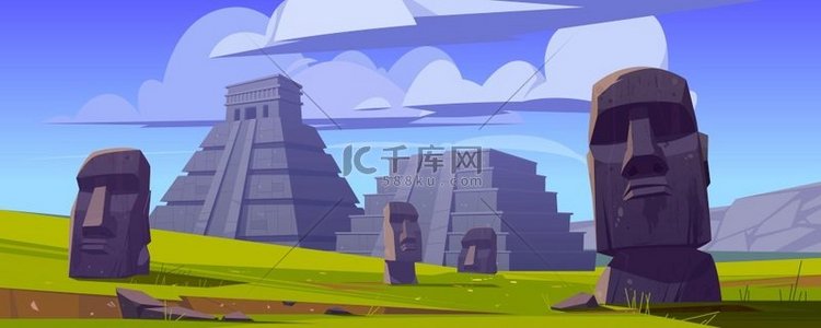 Moai 雕像和金字塔，智利共