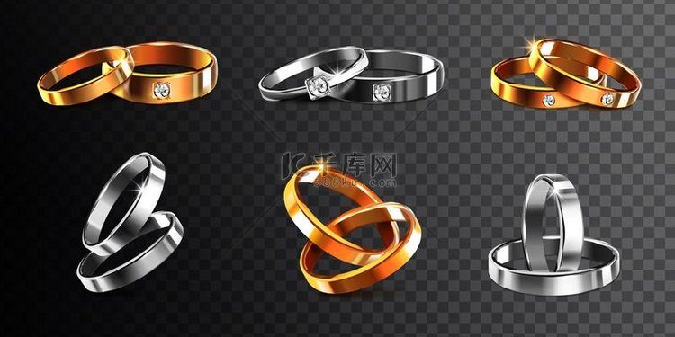 金色和银色的结婚戒指装饰着透明