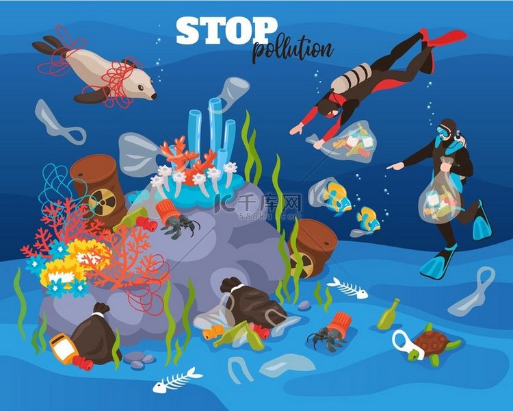停止水污染水下背景与潜水员清理