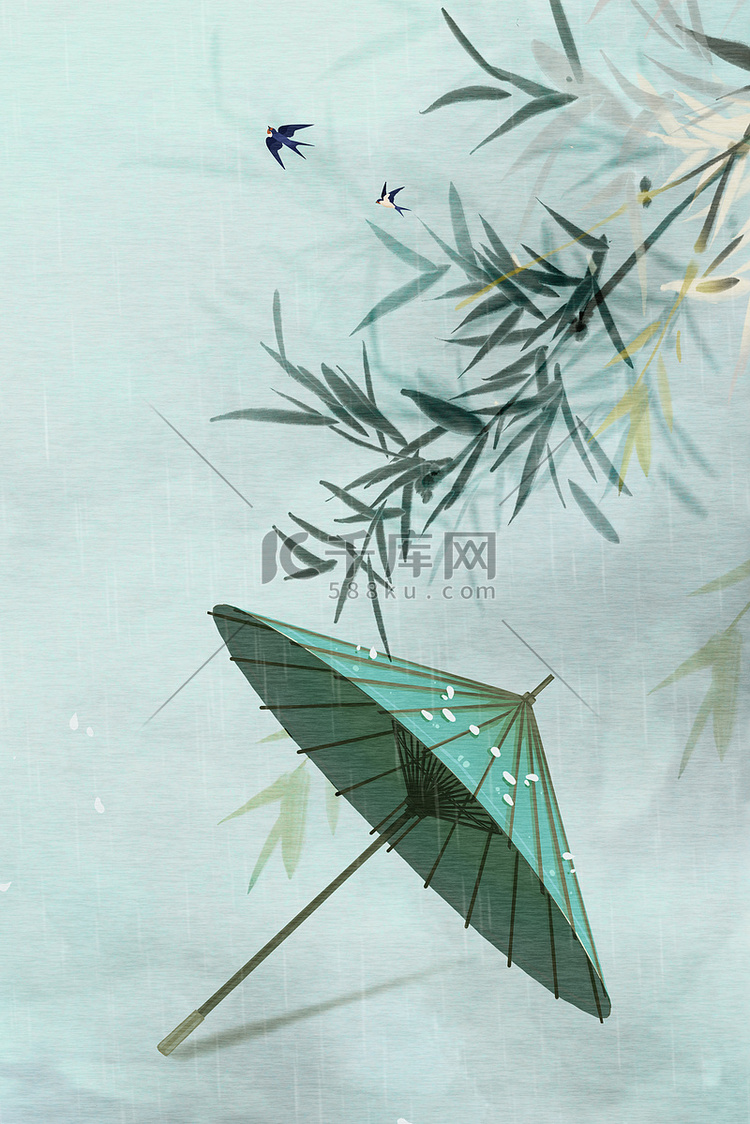 清明谷雨伞竹子燕子绿色中国风海
