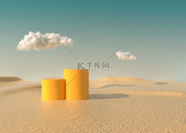 沙漠地形圆柱背景3d渲染云朵场景