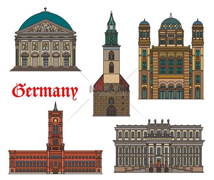 德国、柏林建筑和旅游地标，矢量