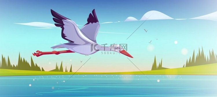 早上，白鹳在湖面上空飞翔。