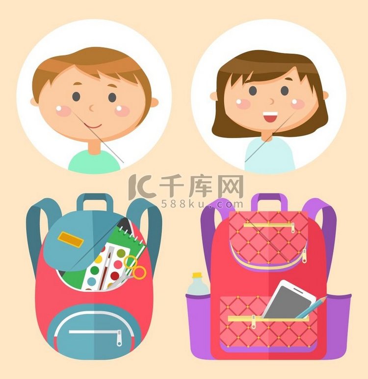 带文具的背包或书包，学童头像。