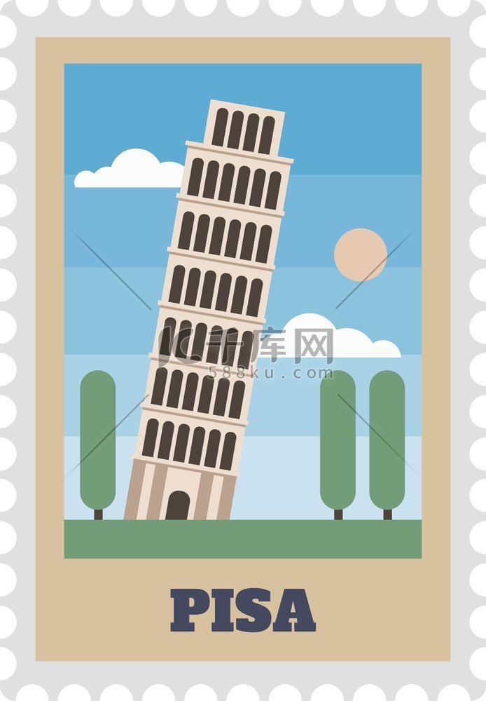 比萨塔的邮政邮票带有复古的景象