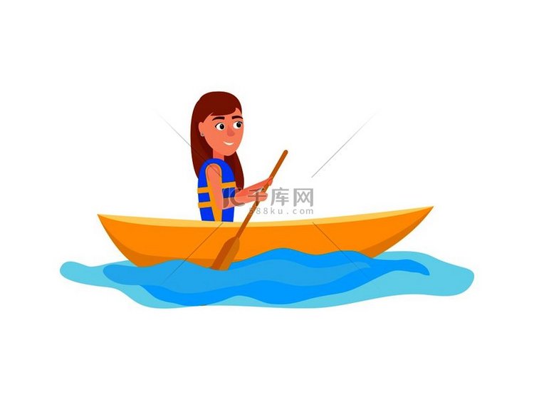 皮划艇女孩坐在船上拿着桨，在外