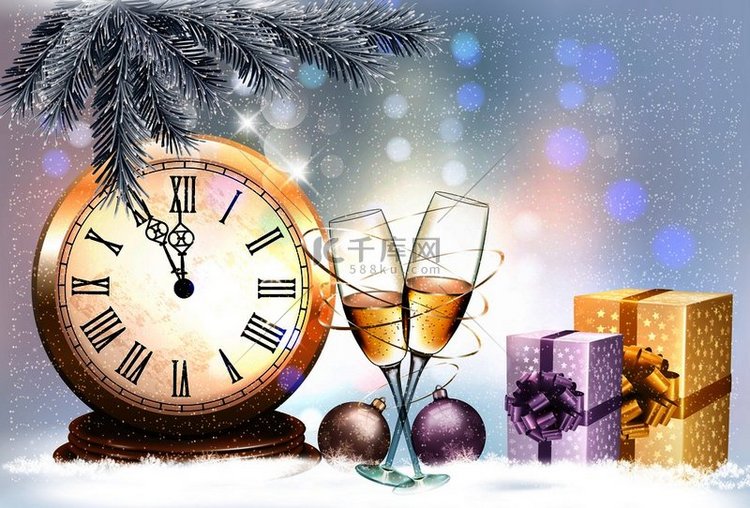 新年假期背景一个礼盒和两杯香槟