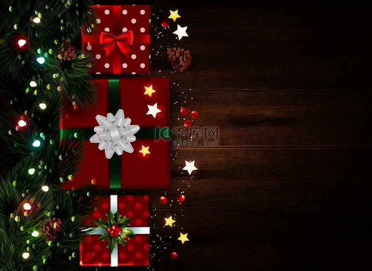 圣诞背景与冷杉树枝和装饰礼品盒