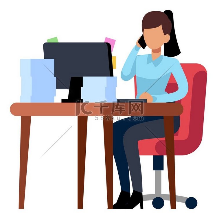 坐在电脑桌前打电话的女人。