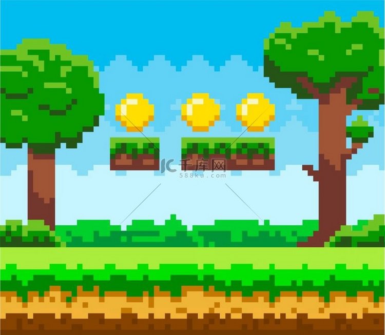 像素游戏背景与天空中的硬币。