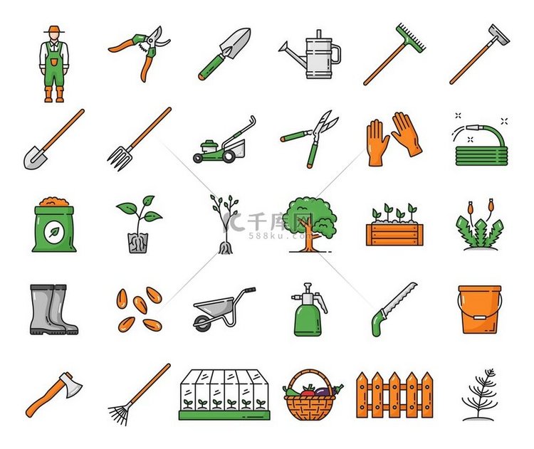 农业耕作和园艺图标的农民工具矢