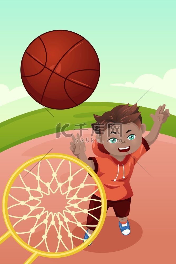 一个活跃的男孩打篮球的矢量图