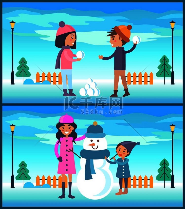 幸福的情侣男孩和女孩要去玩雪球