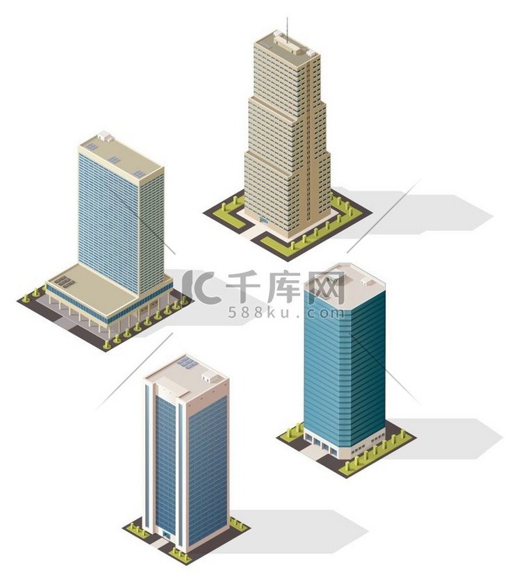 等距摩天大楼建筑三维矢量图标孤