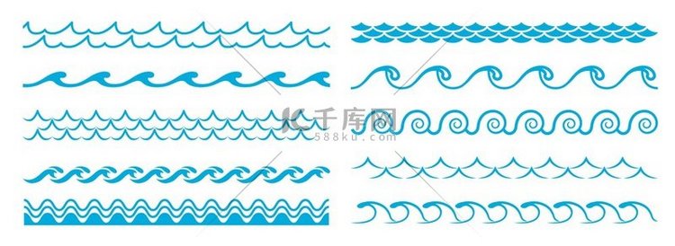 海洋蓝色波浪线、水纹边框和框架