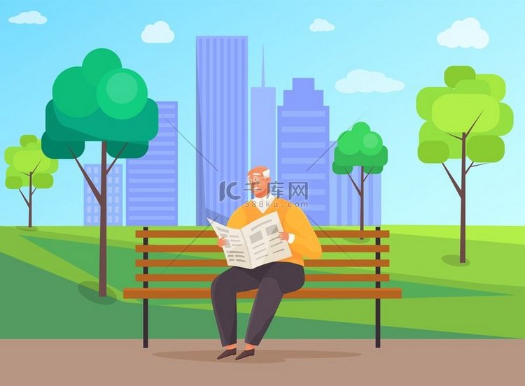 戴眼镜的老人坐在公园的长椅上看