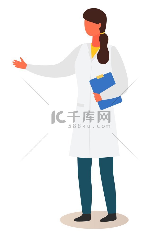 女科学家指着手，身穿白大衣的女