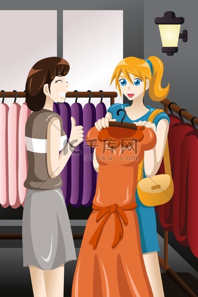 年轻女孩在商店买衣服的矢量图