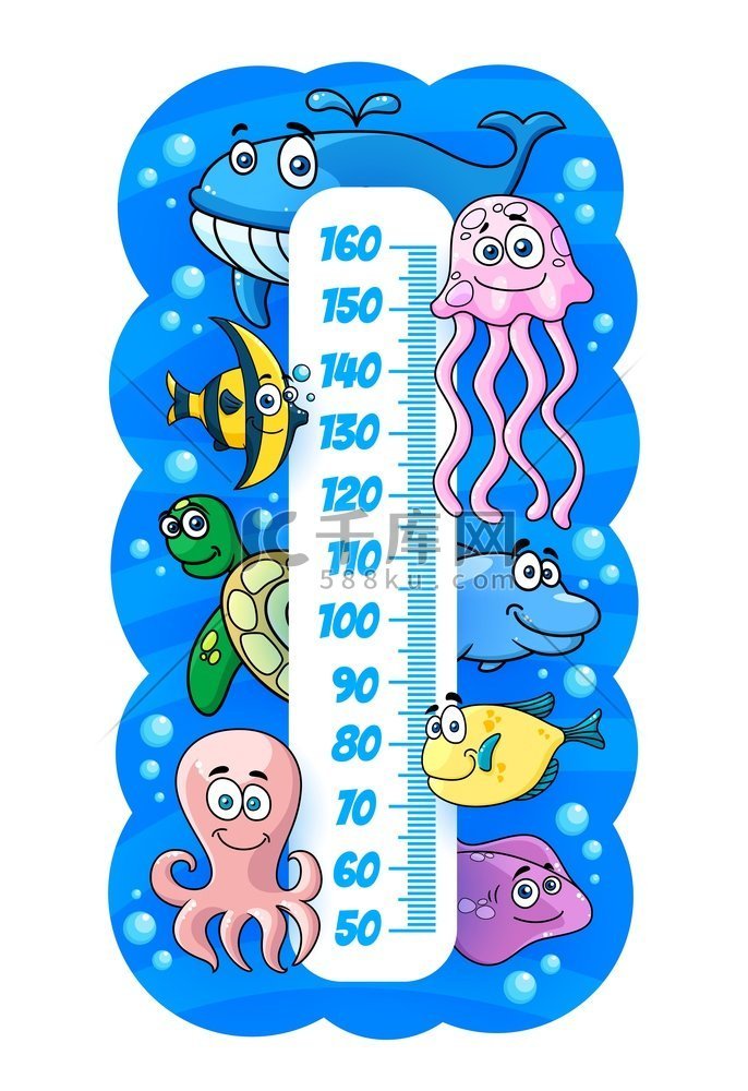 儿童身高图水下卡通海洋动物矢量