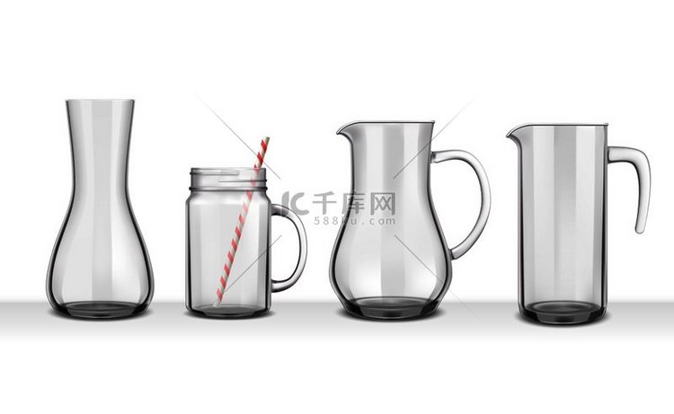 四个光滑的玻璃逼真水罐和各种形