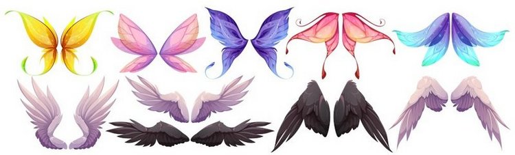仙女、蝴蝶、鸟、天使的不同翅膀