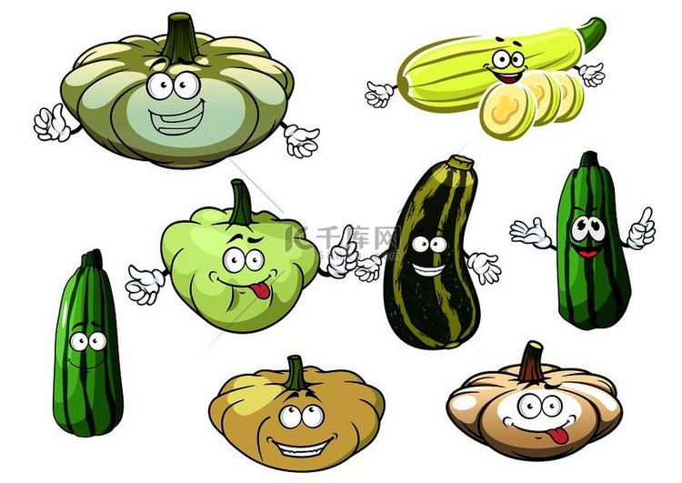 快乐的卡通西葫芦南瓜和南瓜蔬菜