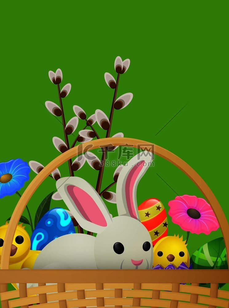 一套白兔、黄鸡、柳枝、春花和彩