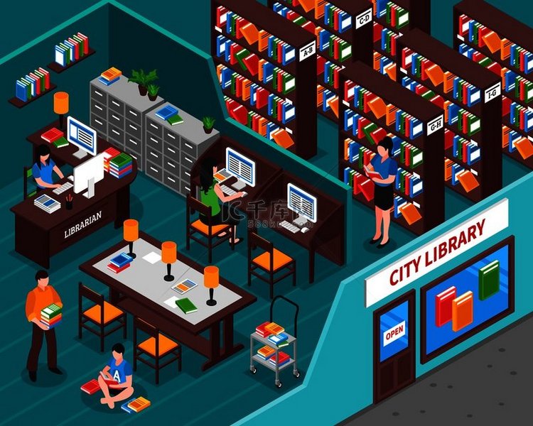 城市图书馆配有图书员工在工作场