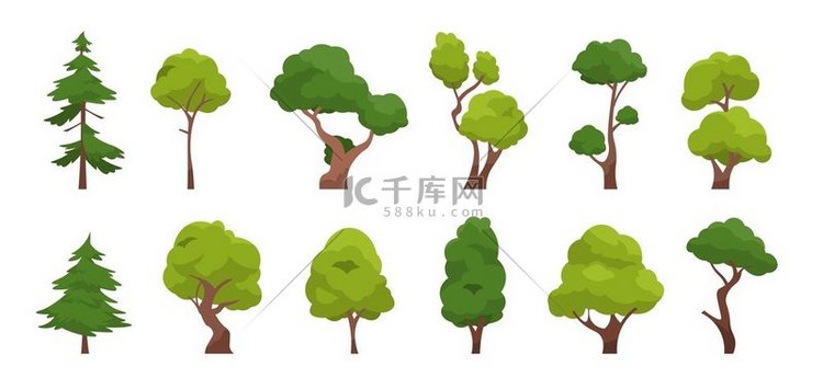 卡通树简单平坦的森林植物群针叶