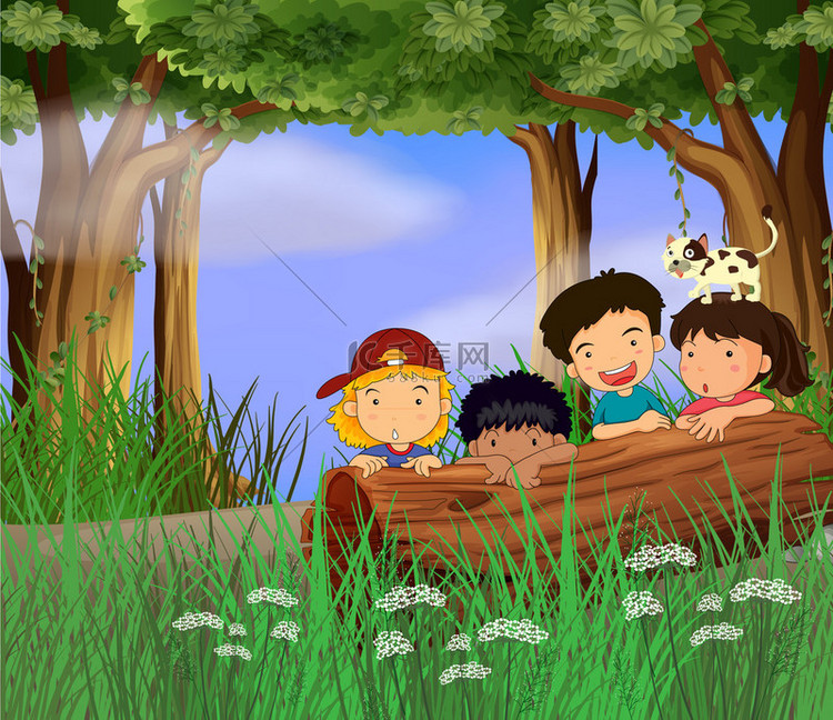 四个孩子在森林里玩耍