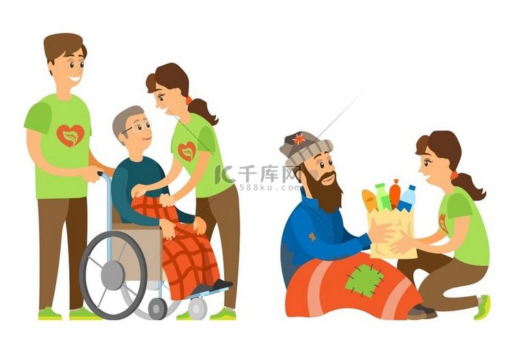 志愿者照顾坐在轮椅上的老人，女