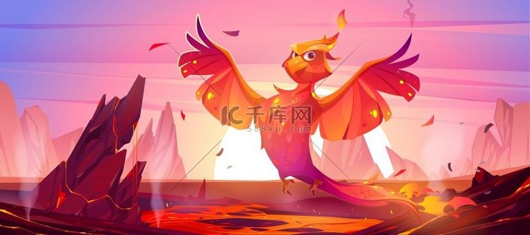 凤凰或菲尼克斯火鸟卡通人物在火