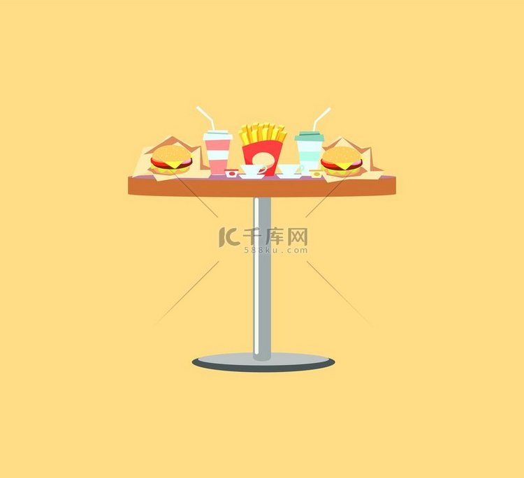 快餐桌、炸薯条、纸汉堡、塑料玻