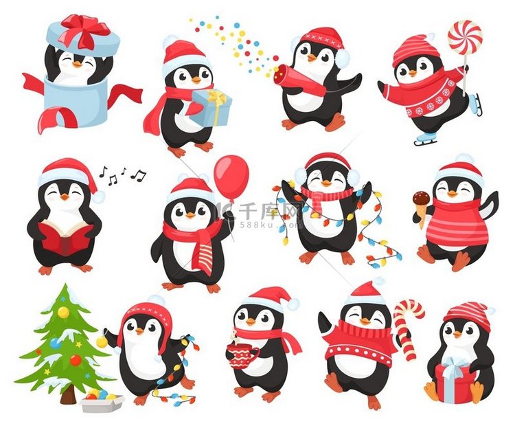 可爱的圣诞企鹅吉祥物。