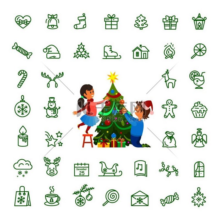 圣诞树装饰和孤立的图标设置矢量