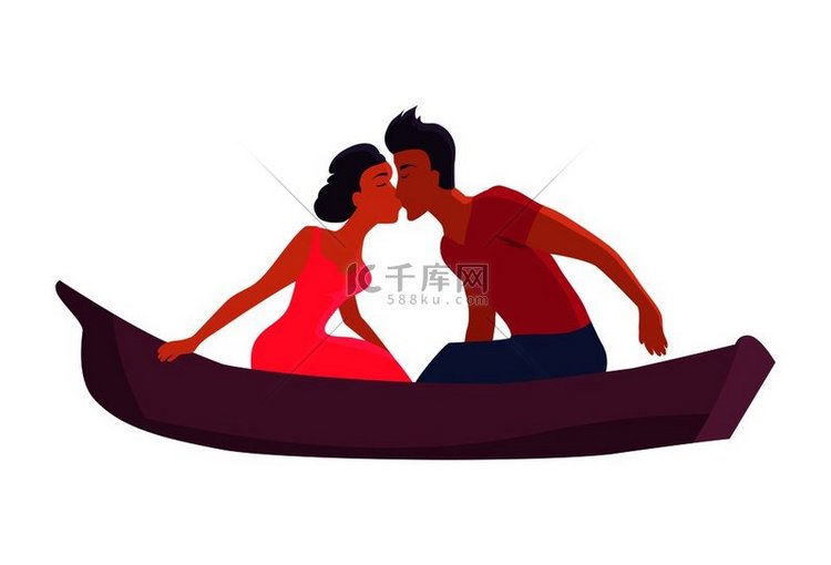 相爱的情侣在紫色的独木舟上游泳