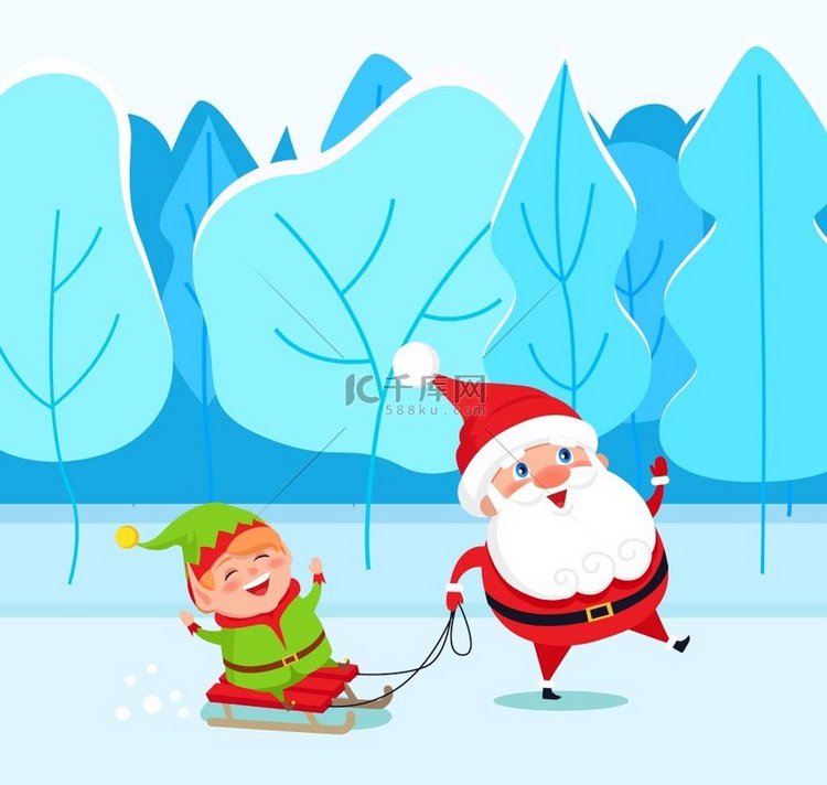 圣诞老人和精灵卡通人物在冬季公