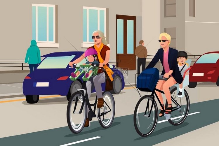 现代女性带着孩子在城市骑自行车